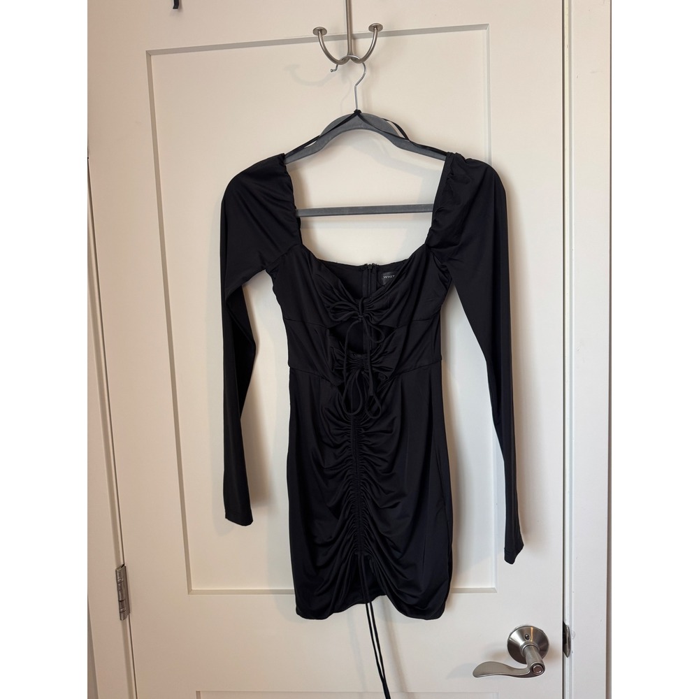 White Fox Black Ruched Long Sleeve Square Neck Bodycon Mini Dress Small